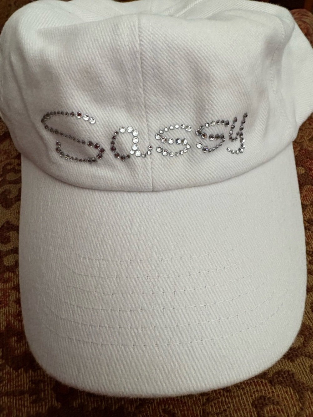 Christine Alexander White Baseball Cap with Silver Sequin 'Sassy' Script